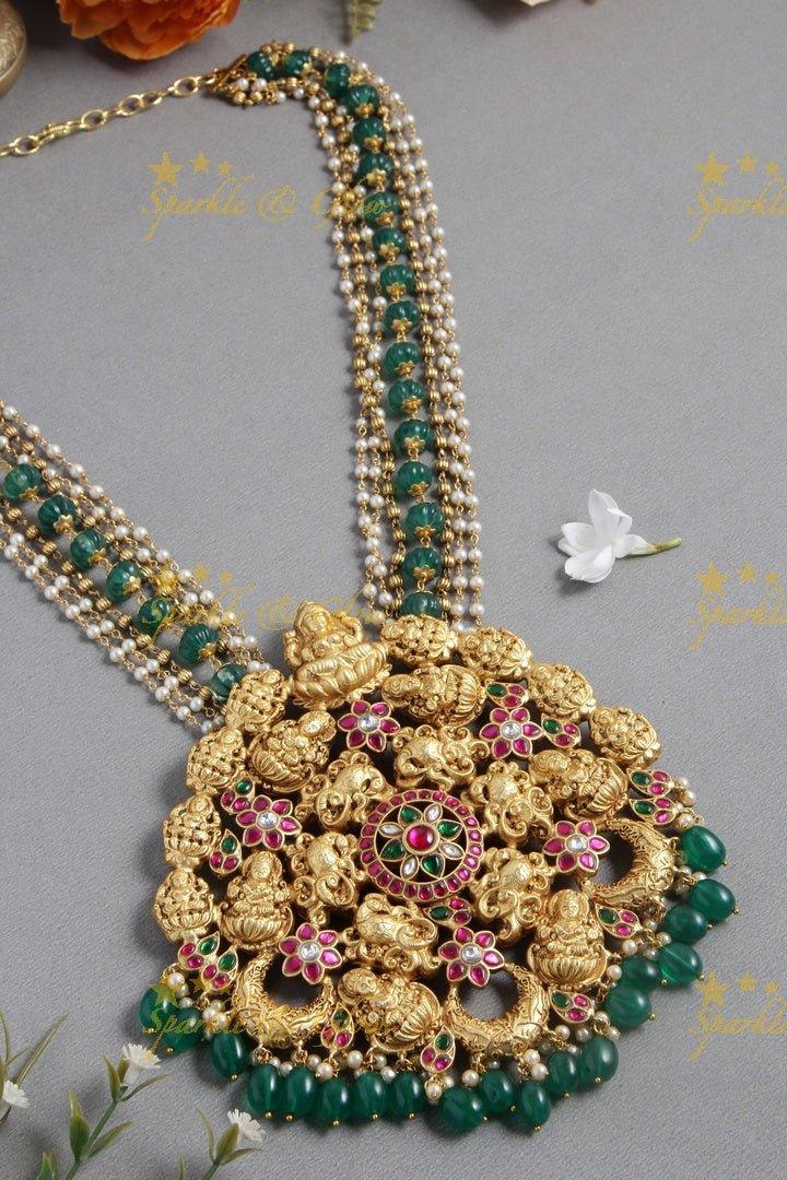 Unique and Statement Jadau Lakshmi Huge size Pendent Green pumpkin and pearl beads chain - Sparkle and Glow