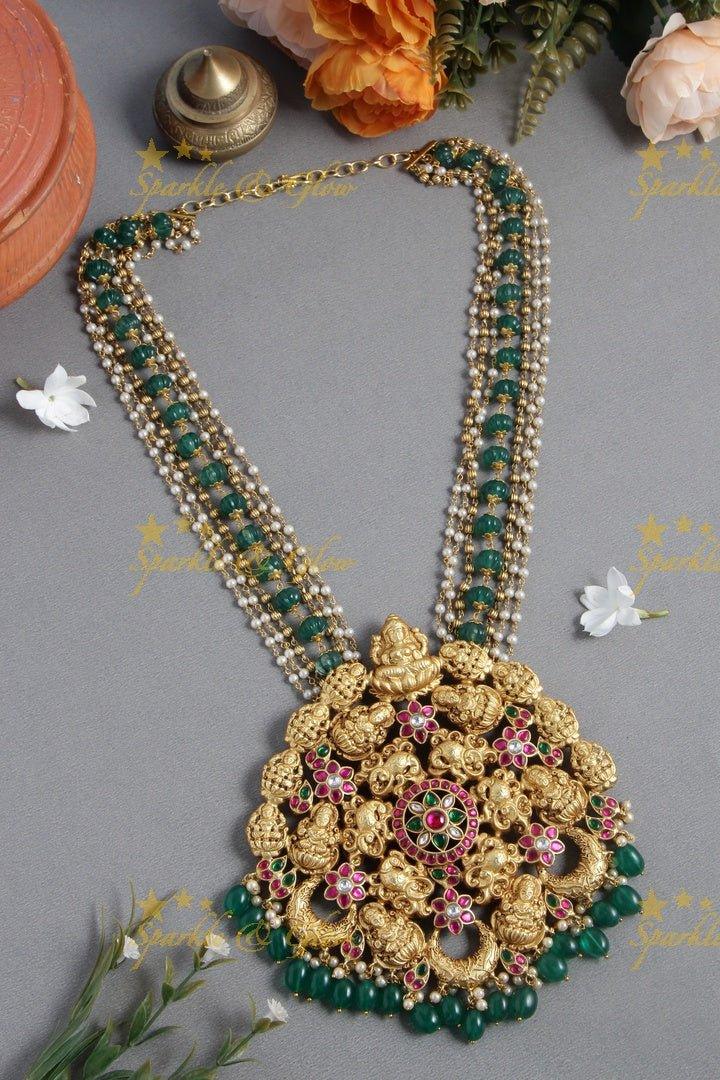 Unique and Statement Jadau Lakshmi Huge size Pendent Green pumpkin and pearl beads chain - Sparkle and Glow