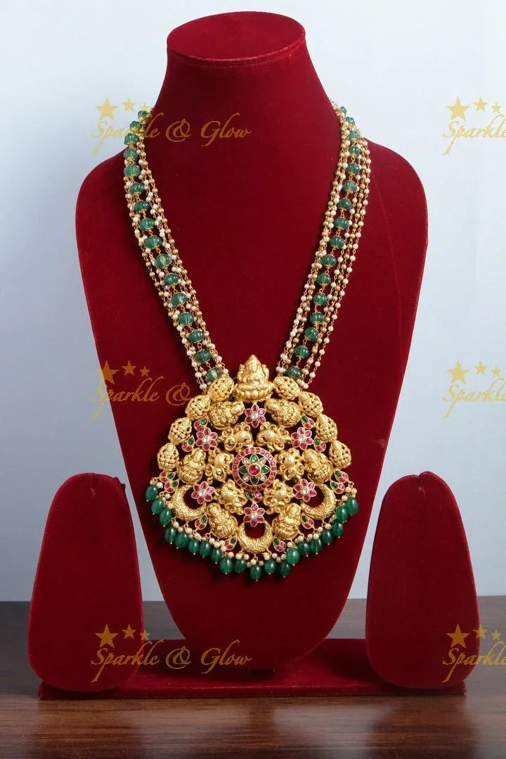 Unique and Statement Jadau Lakshmi Huge size Pendent Green pumpkin and pearl beads chain - Sparkle and Glow