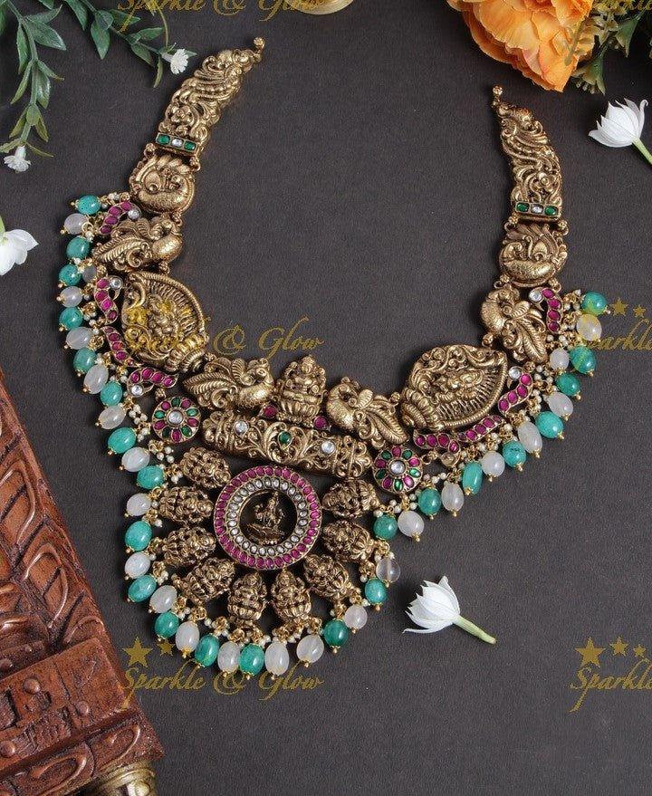 Exquisite Nagas Antique Jadau short necklace with light green and pink beads - Sparkle and Glow