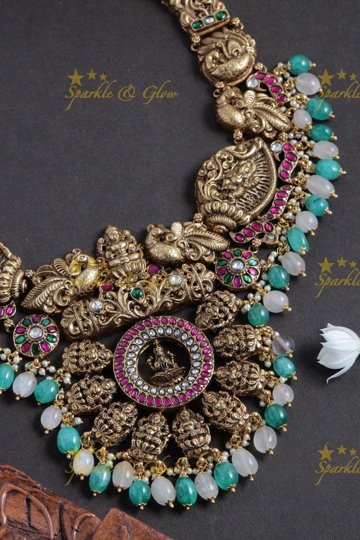 Exquisite Nagas Antique Jadau short necklace with light green and pink beads - Sparkle and Glow