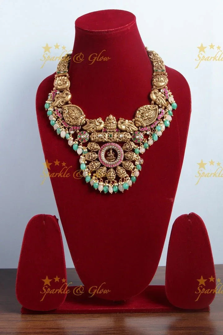Exquisite Nagas Antique Jadau short necklace with light green and pink beads - Sparkle and Glow