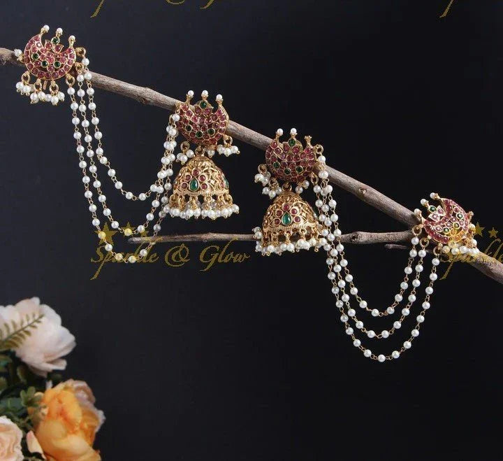 Beautiful premium matte half moon studded jhumukas with earchain - Sparkle and Glow