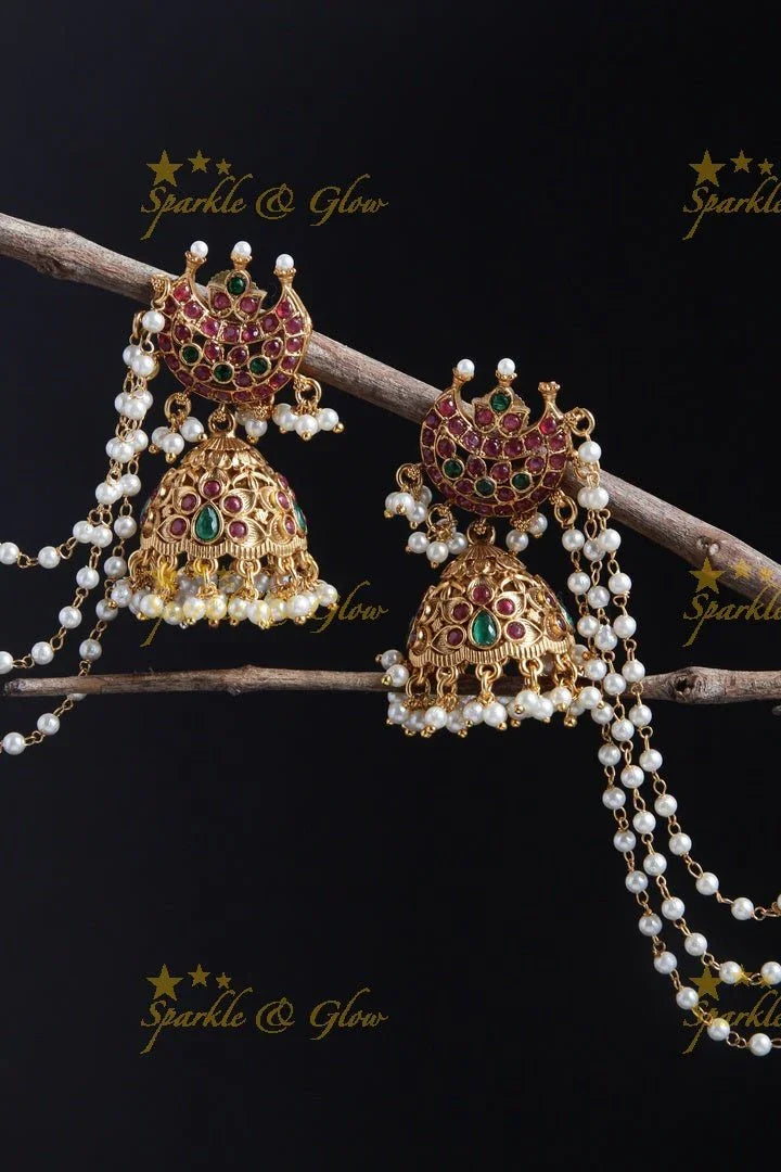Beautiful premium matte half moon studded jhumukas with earchain - Sparkle and Glow