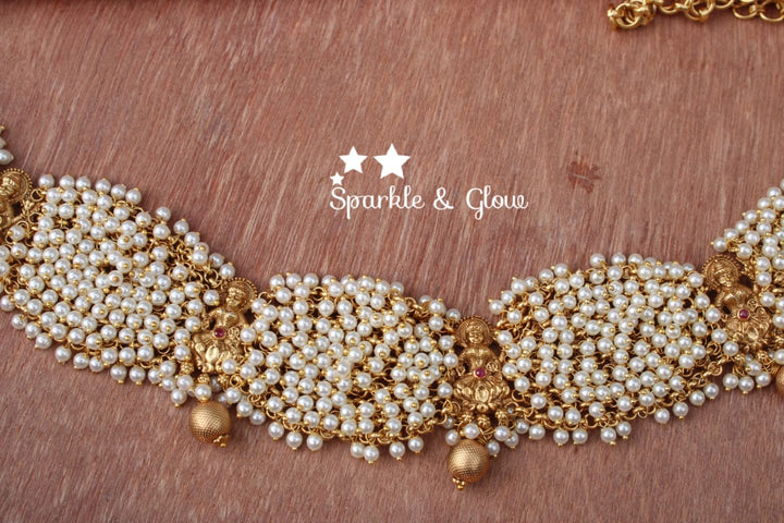 Pearl cluster lakshmi hip chain - Sparkle and Glow - Gold - 