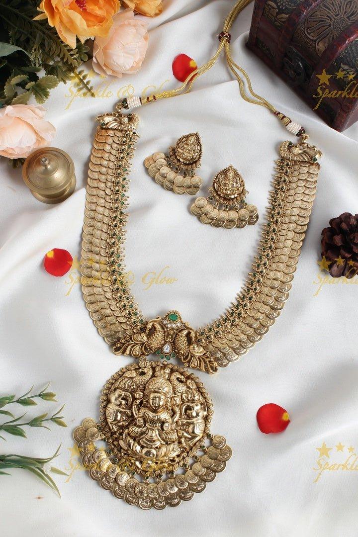 Intricately carved three layered lakshmi coin bridal necklace - Sparkle and Glow