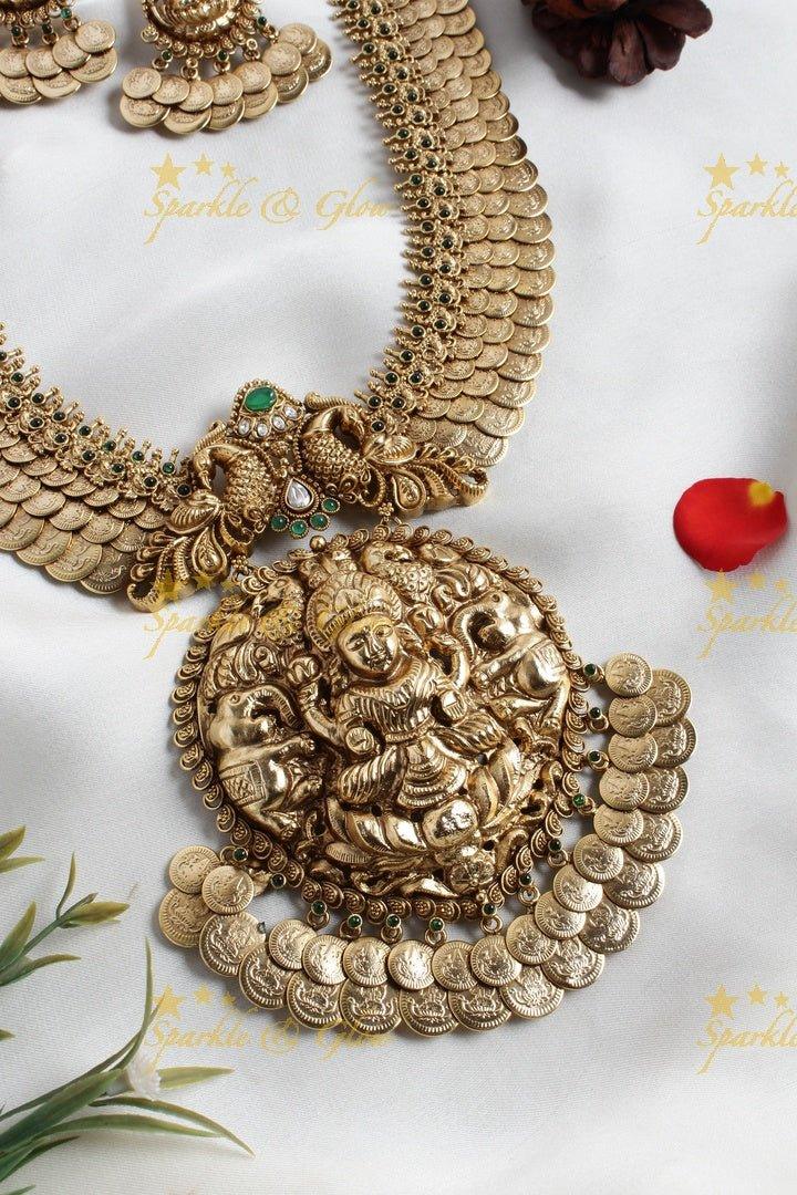 Intricately carved three layered lakshmi coin bridal necklace - Sparkle and Glow