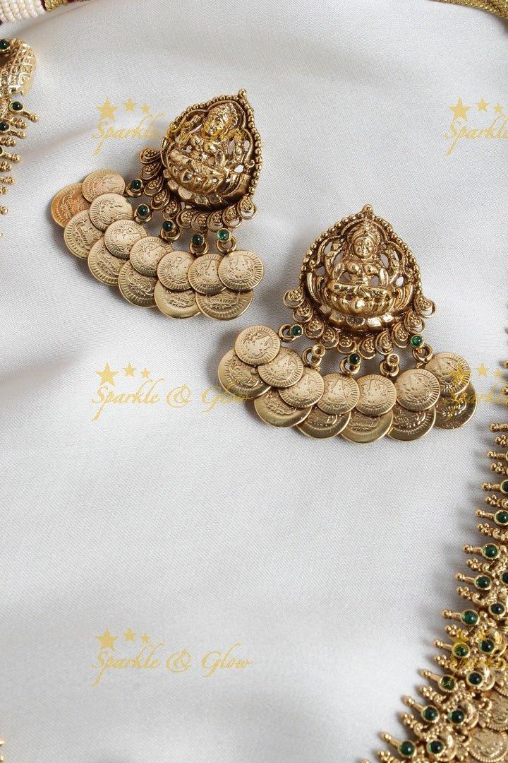 Intricately carved three layered lakshmi coin bridal necklace - Sparkle and Glow