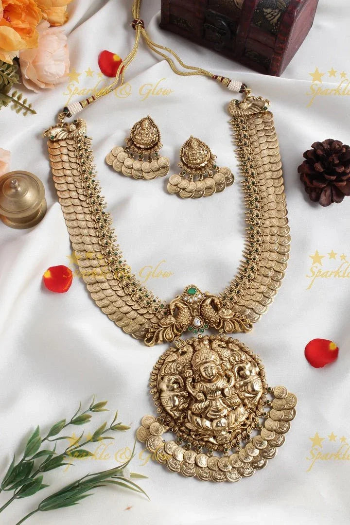 Intricately carved three layered lakshmi coin bridal necklace - Sparkle and Glow