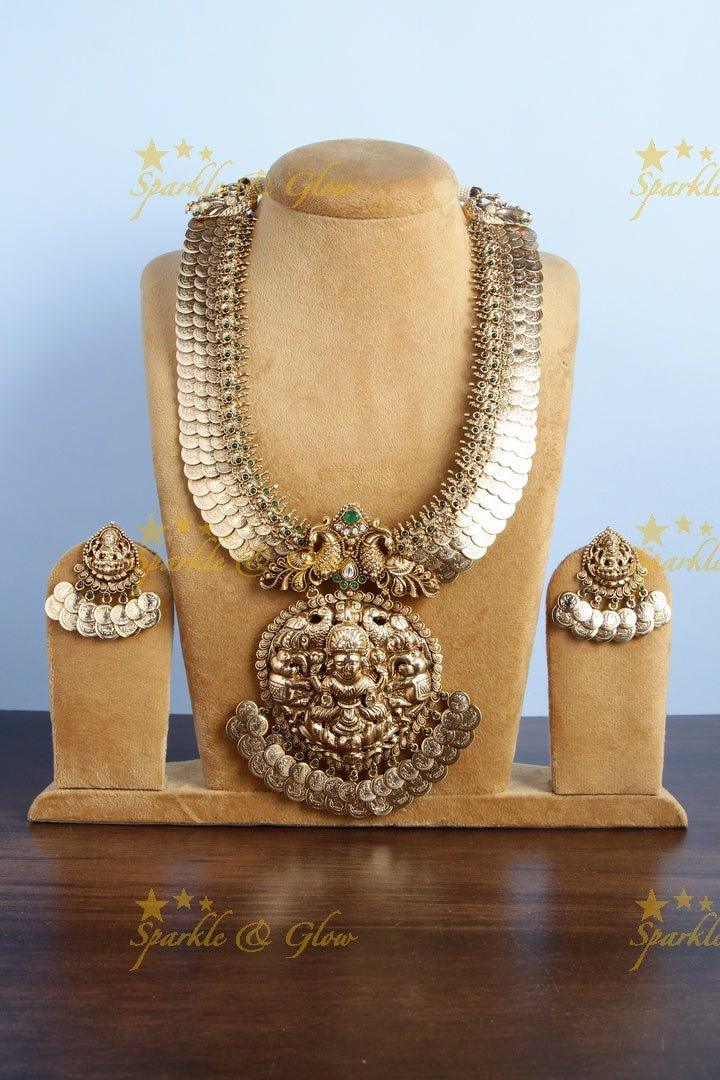 Intricately carved three layered lakshmi coin bridal necklace - Sparkle and Glow