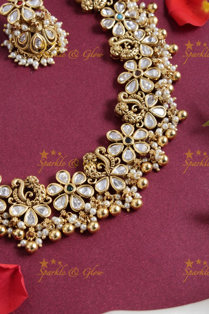 Beautiful kundan stone floral necklace with jhumkas