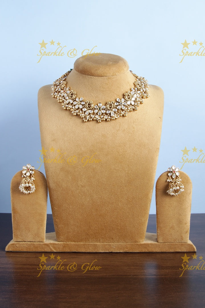 Beautiful kundan stone floral necklace with jhumkas