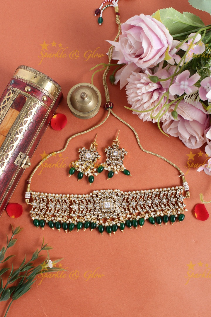 Beautiful gold alike kundan stones green beads choker
