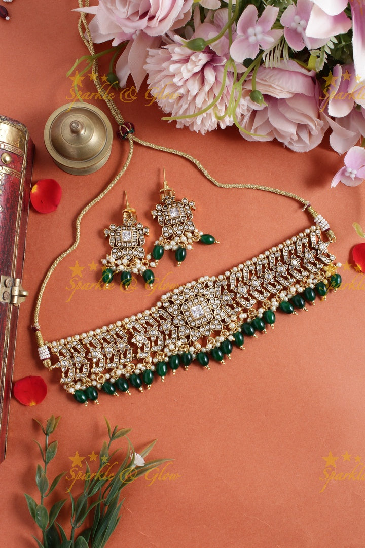 Beautiful gold alike kundan stones green beads choker