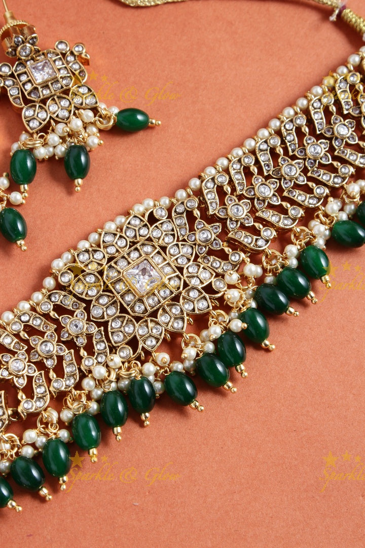 Beautiful gold alike kundan stones green beads choker