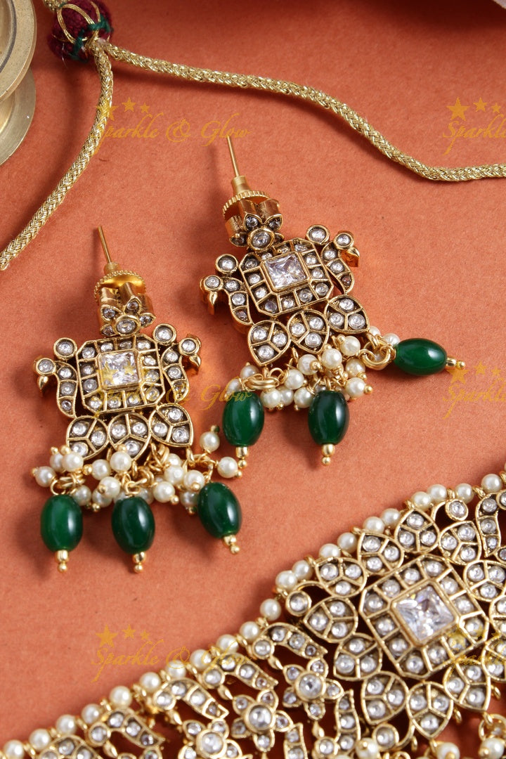 Beautiful gold alike kundan stones green beads choker