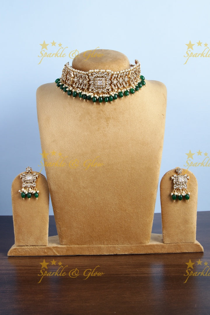 Beautiful gold alike kundan stones green beads choker