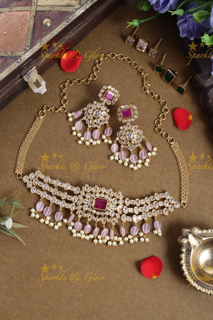 Premium Matt intricate design pink beads choker - Sparkle and Glow - pink - Back Thread