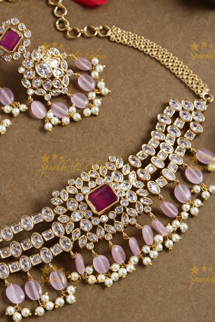 Premium Matt intricate design pink beads choker - Sparkle and Glow - pink - Back Thread
