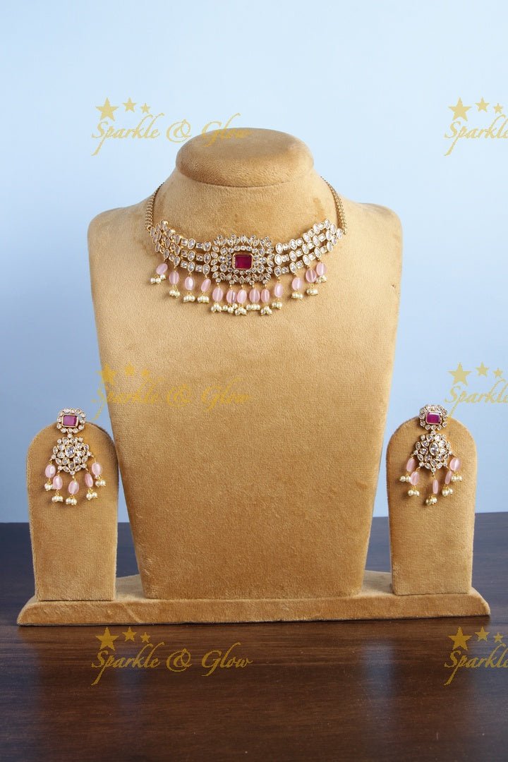 Premium Matt intricate design pink beads choker - Sparkle and Glow - pink - Back Thread