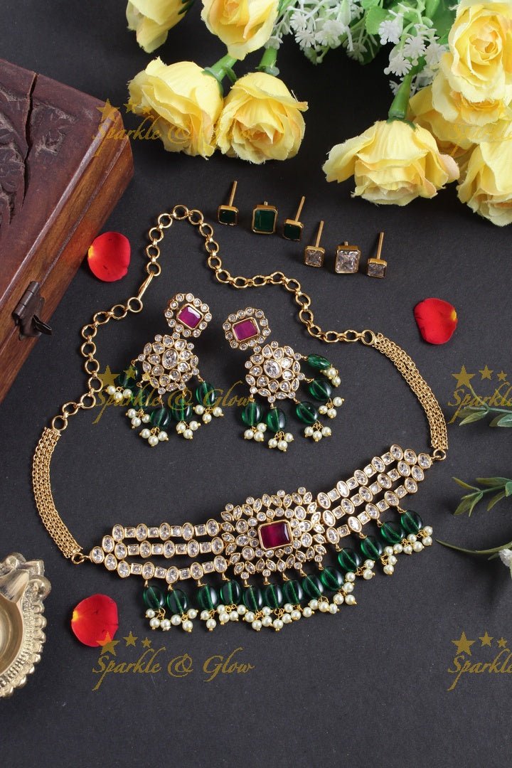 Premium Matt intricate design pink beads choker - Sparkle and Glow - green - Back Thread