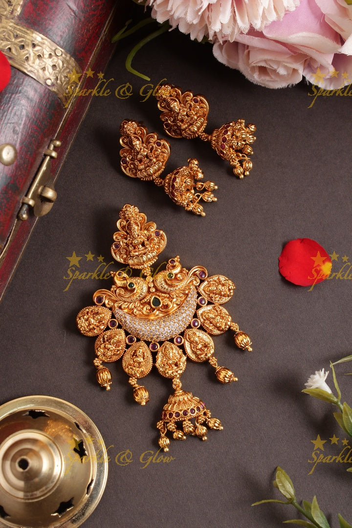 Beautiful gold alike lakshmi peacock carved gold pumpkin beads pendent set