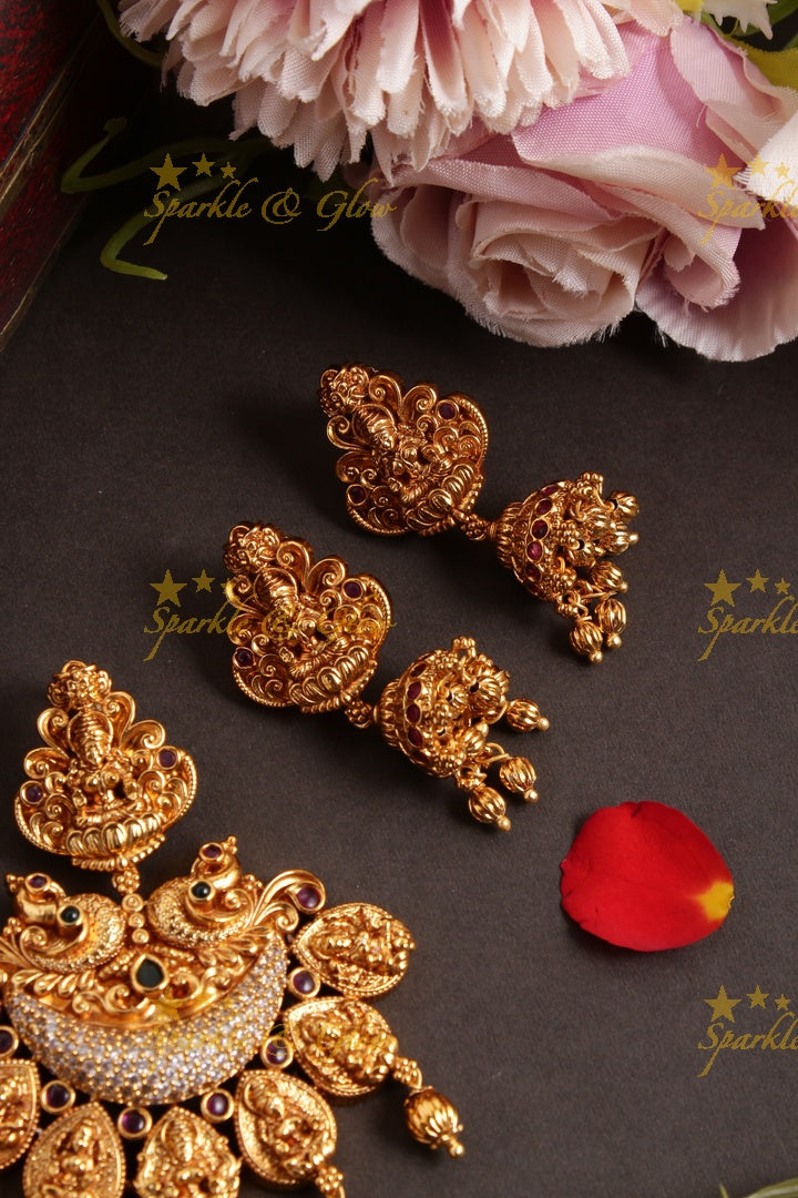 Beautiful gold alike lakshmi peacock carved gold pumpkin beads pendent set