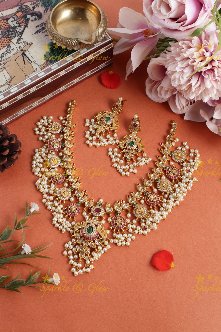 Stunning floral lakshmi and peacock coin guttapusalu necklace