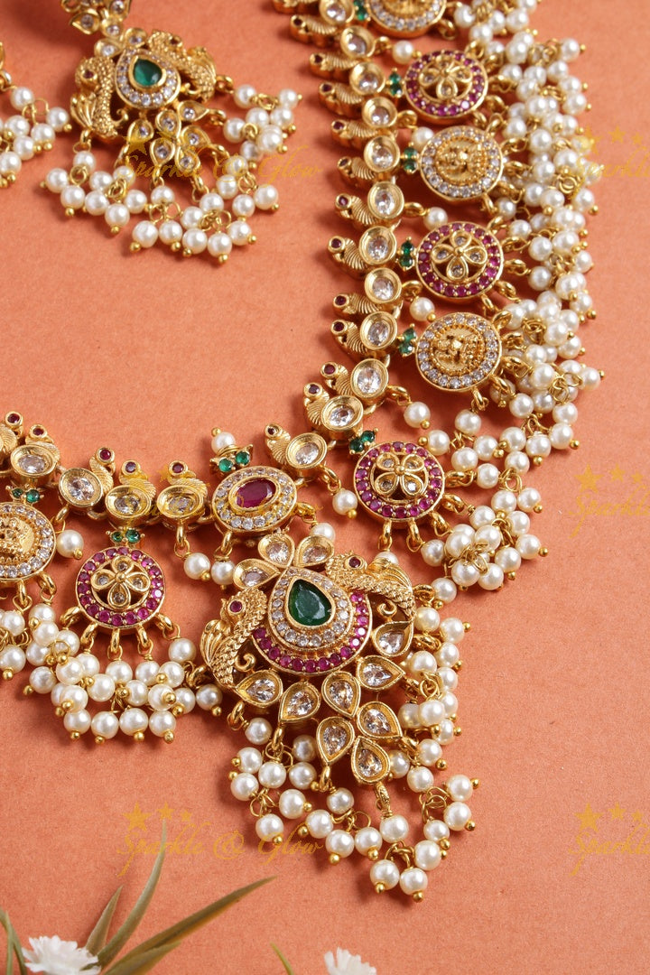 Stunning floral lakshmi and peacock coin guttapusalu necklace