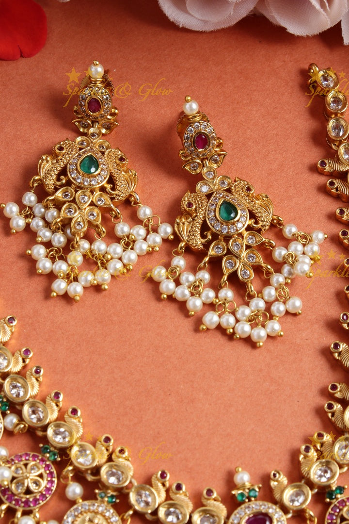 Stunning floral lakshmi and peacock coin guttapusalu necklace