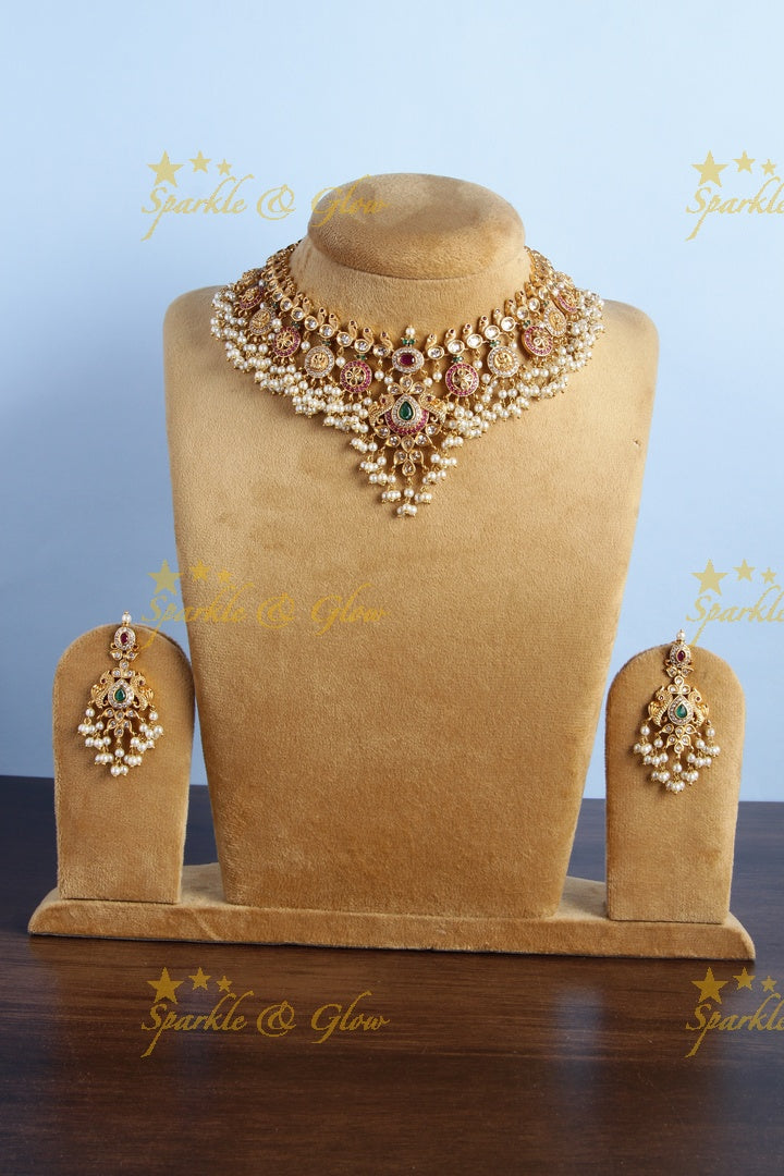 Stunning floral lakshmi and peacock coin guttapusalu necklace