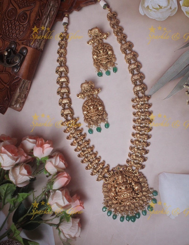 Gold alike Lakshmi Elegant haram with green beads