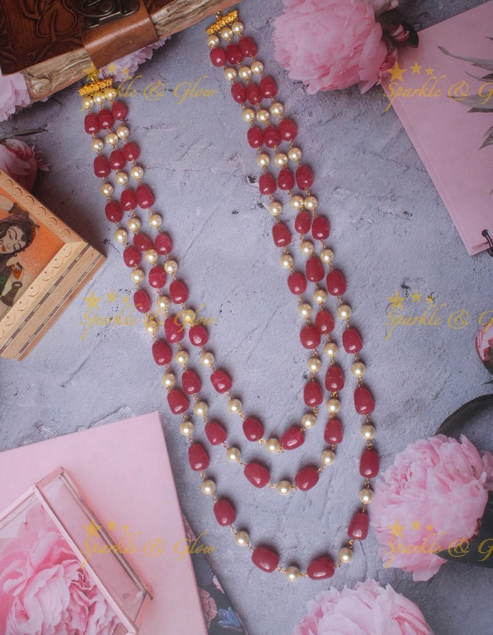 Three layer pink and pearl beads haram