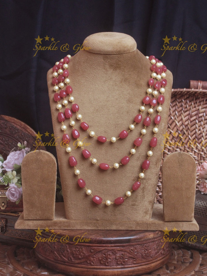 Three layer pink and pearl beads haram