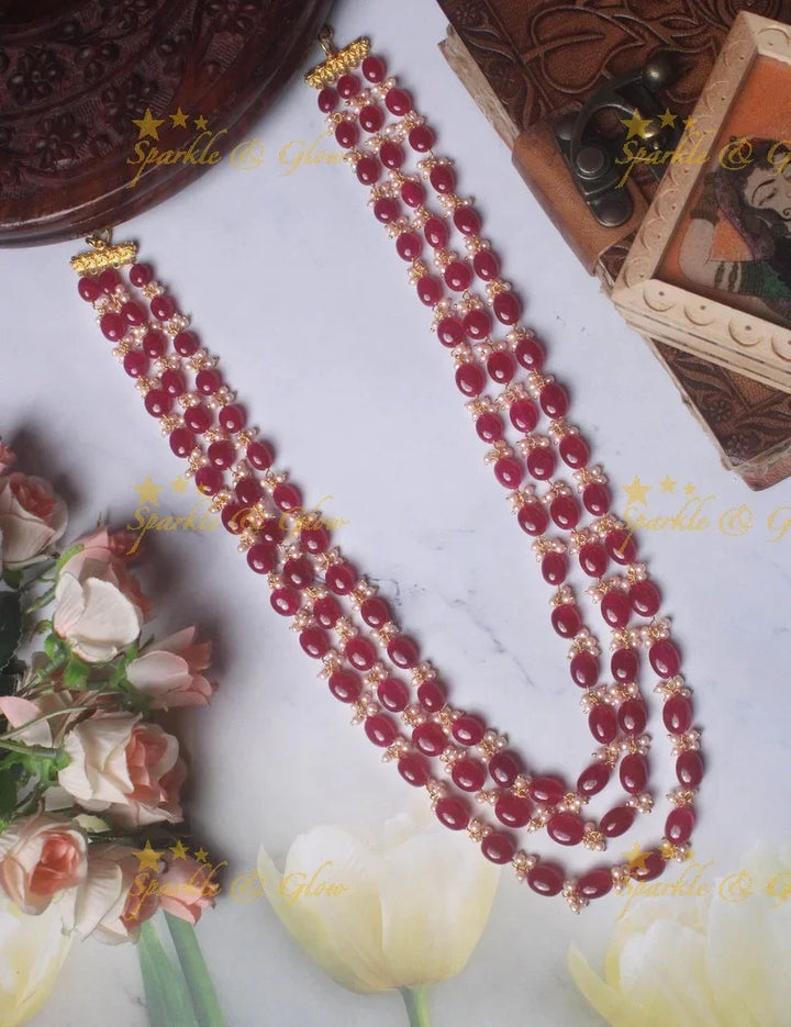 Elegant Pink Triple-Layer Bead Haram Necklace