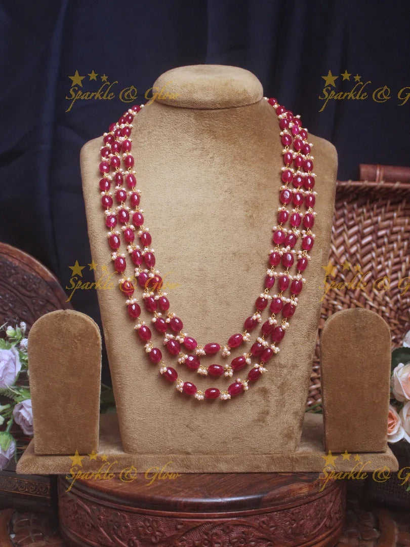 Elegant Pink Triple-Layer Bead Haram Necklace