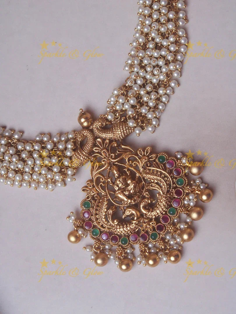Elegant gold alike pearl cluster Lakshmi necklace - Pink Green - Sparkle and Glow