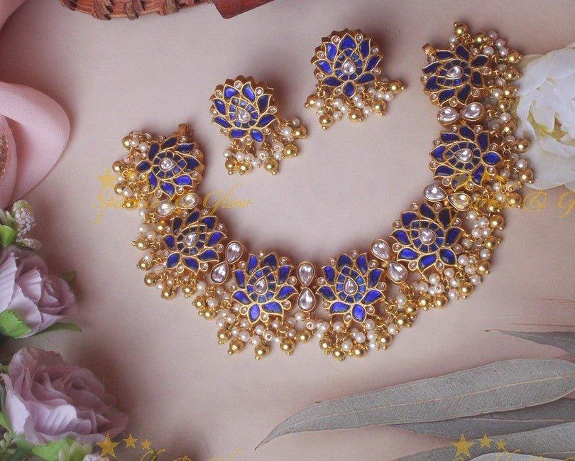 Jadau lotus gutta pusalu necklace - Navarathna - Sparkle and Glow