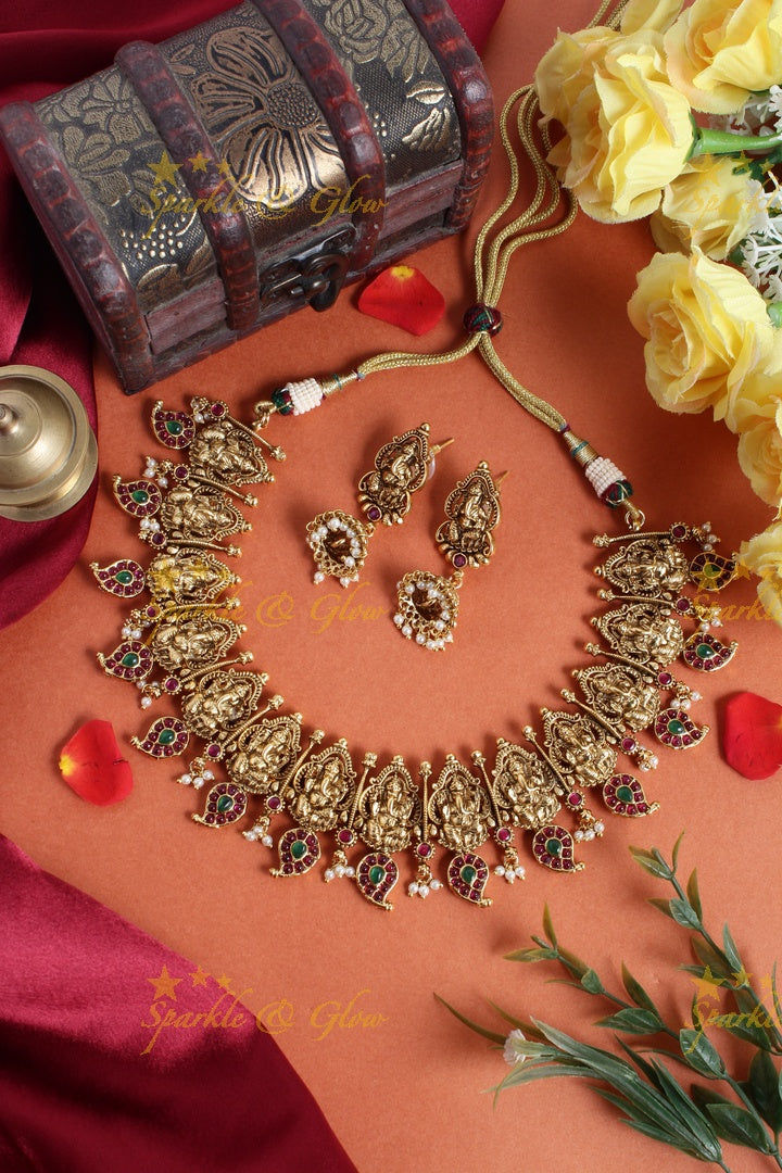 Intricately carved ganesh mango necklace with pearls