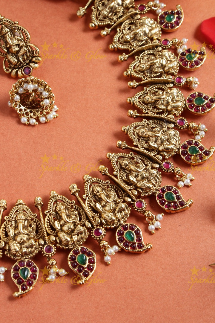 Intricately carved ganesh mango necklace with pearls