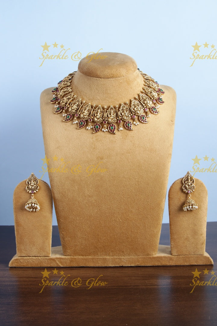 Intricately carved ganesh mango necklace with pearls
