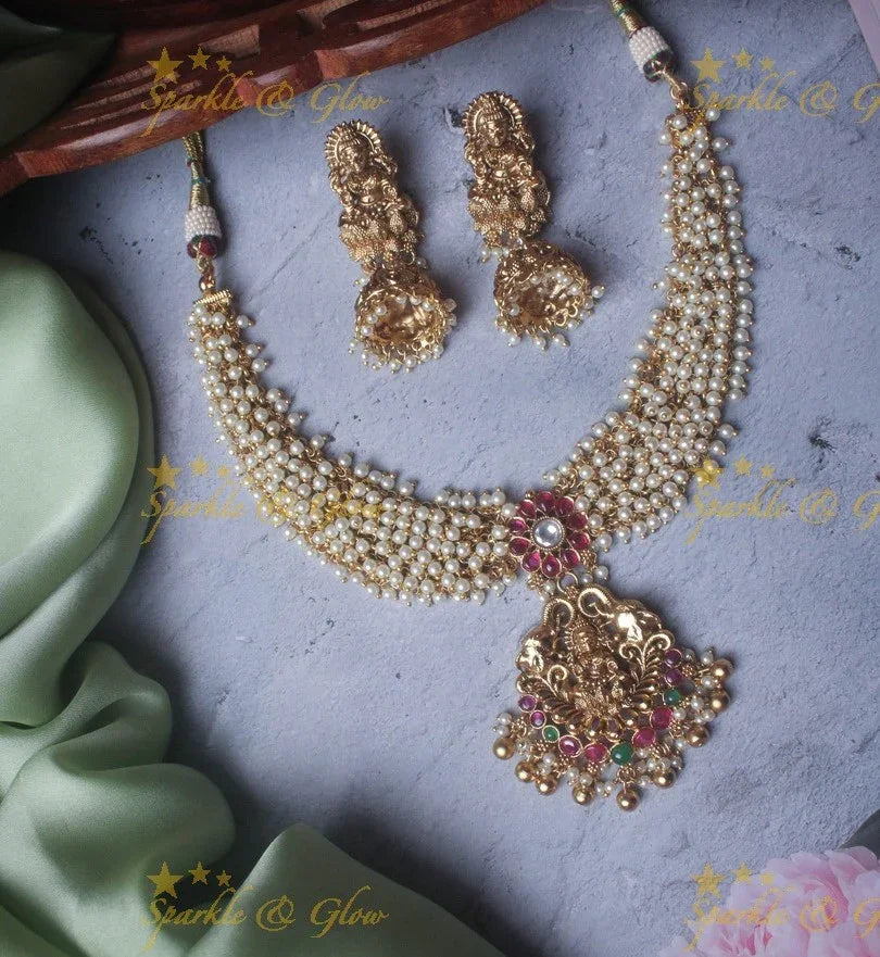 Elegant gold alike pearl cluster Lakshmi necklace - Pink Green - Sparkle and Glow