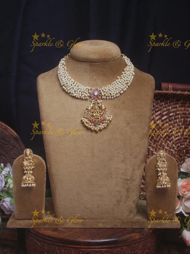 Elegant gold alike pearl cluster Lakshmi necklace - Pink Green - Sparkle and Glow