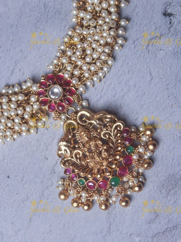 Elegant gold alike pearl cluster Lakshmi necklace - Pink Green - Sparkle and Glow