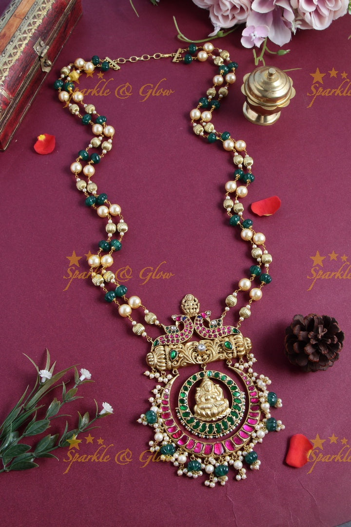 Gheru gold long pumpkin beads half moon lakshmi pendent