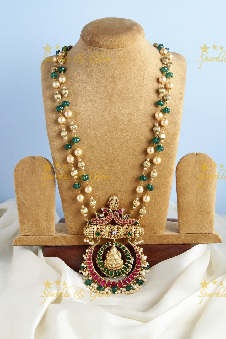 Gheru gold long pumpkin beads half moon lakshmi pendent