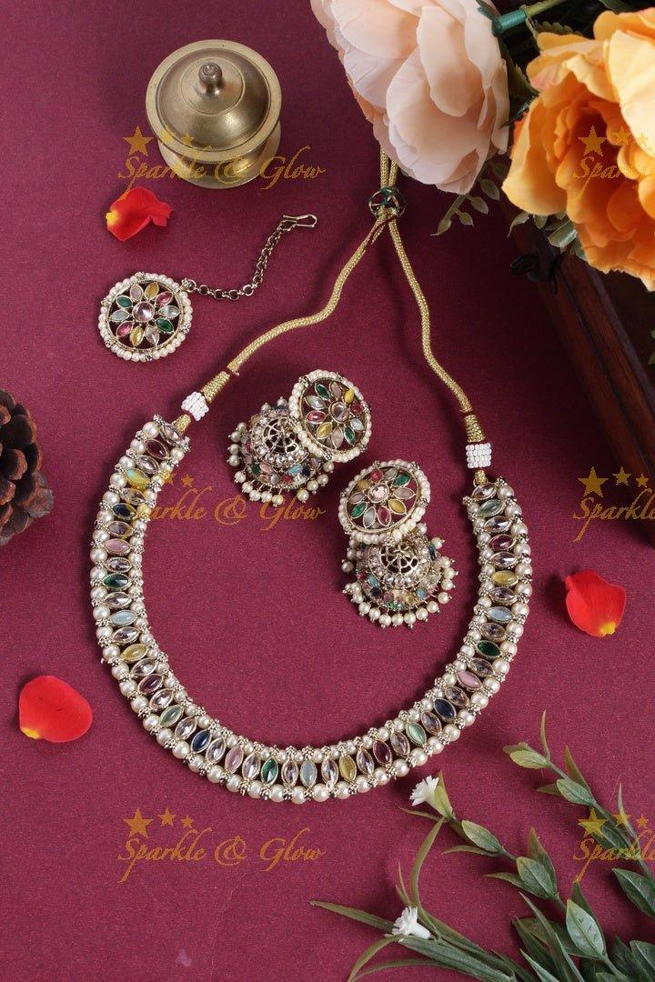 Beautiful oval shape design short necklace - Multi - Sparkle and Glow