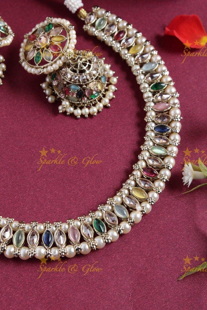 Beautiful oval shape design short necklace - Multi - Sparkle and Glow