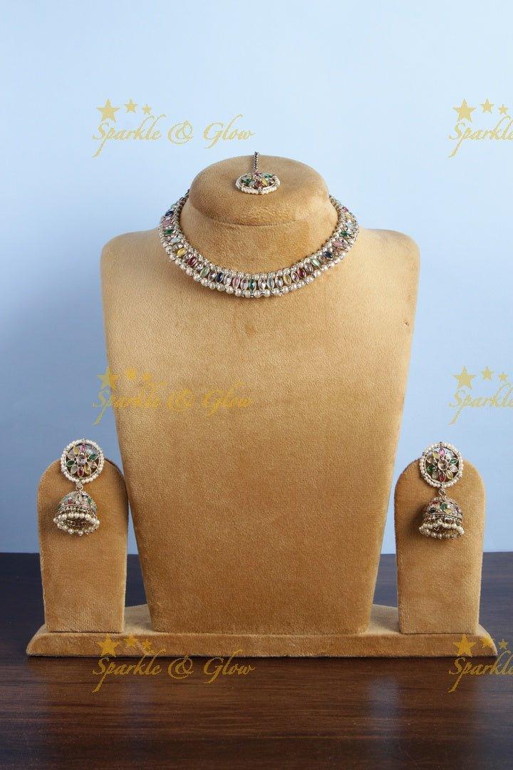 Beautiful oval shape design short necklace - Multi - Sparkle and Glow