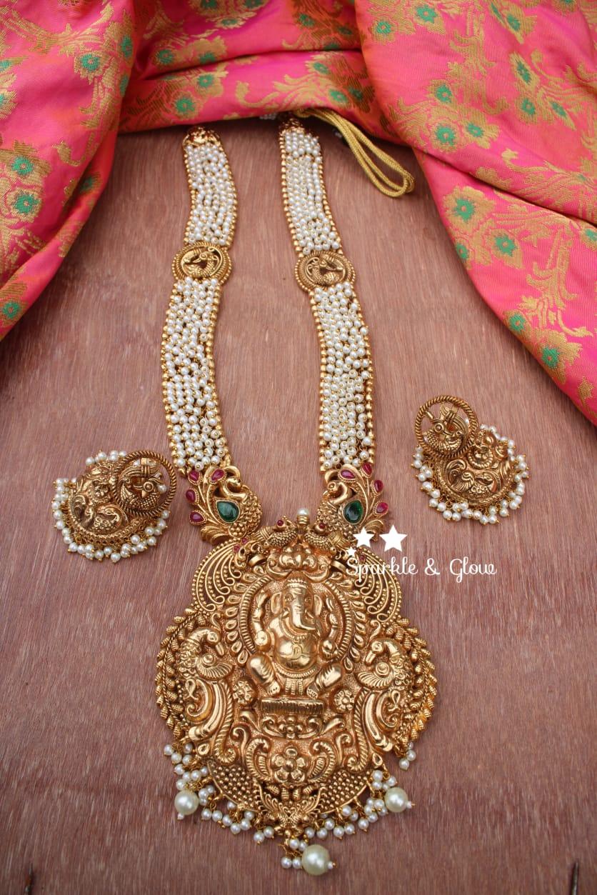 Gold alike polished Ganesha carved peacock haram - Pearl - Sparkle and Glow